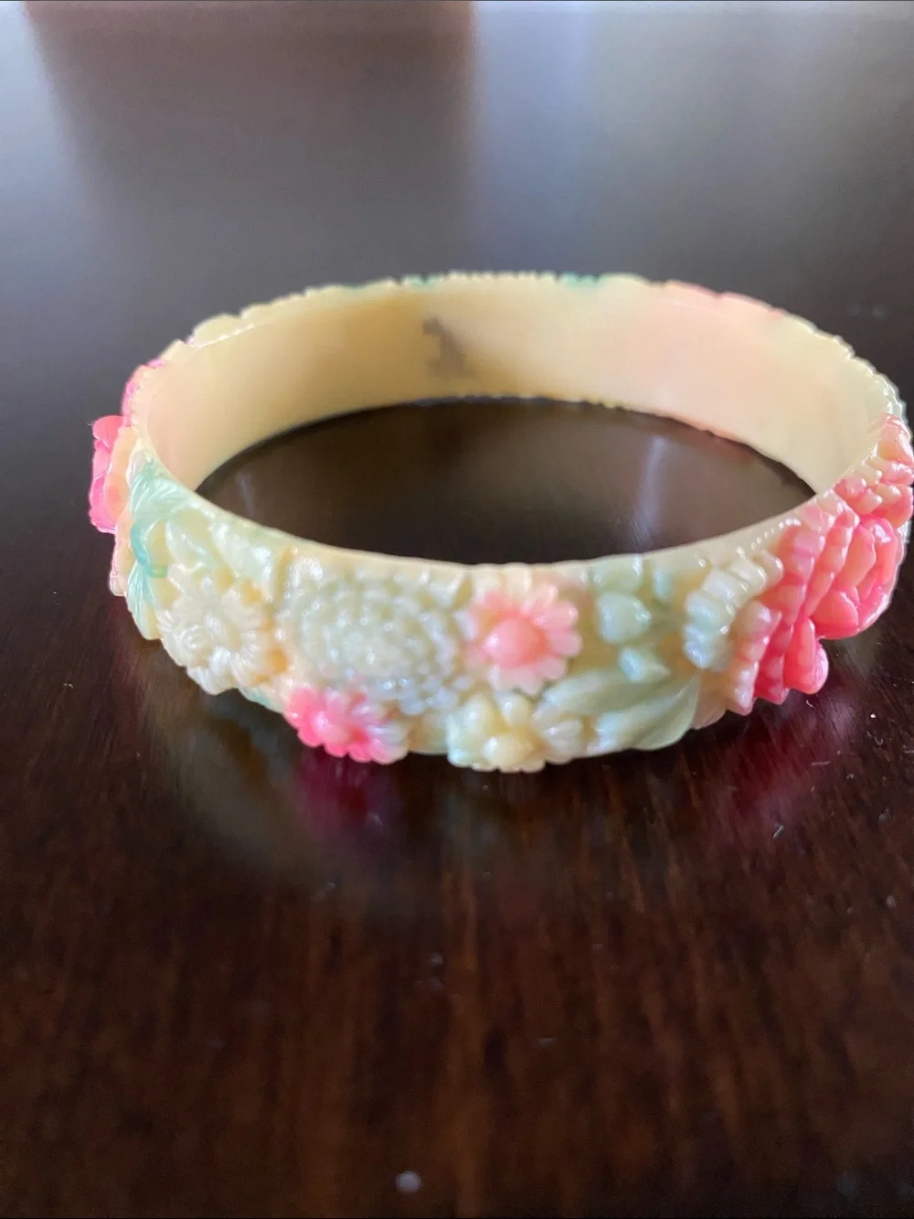 Vintage Celluloid Carved Floral Bangle Bracelet